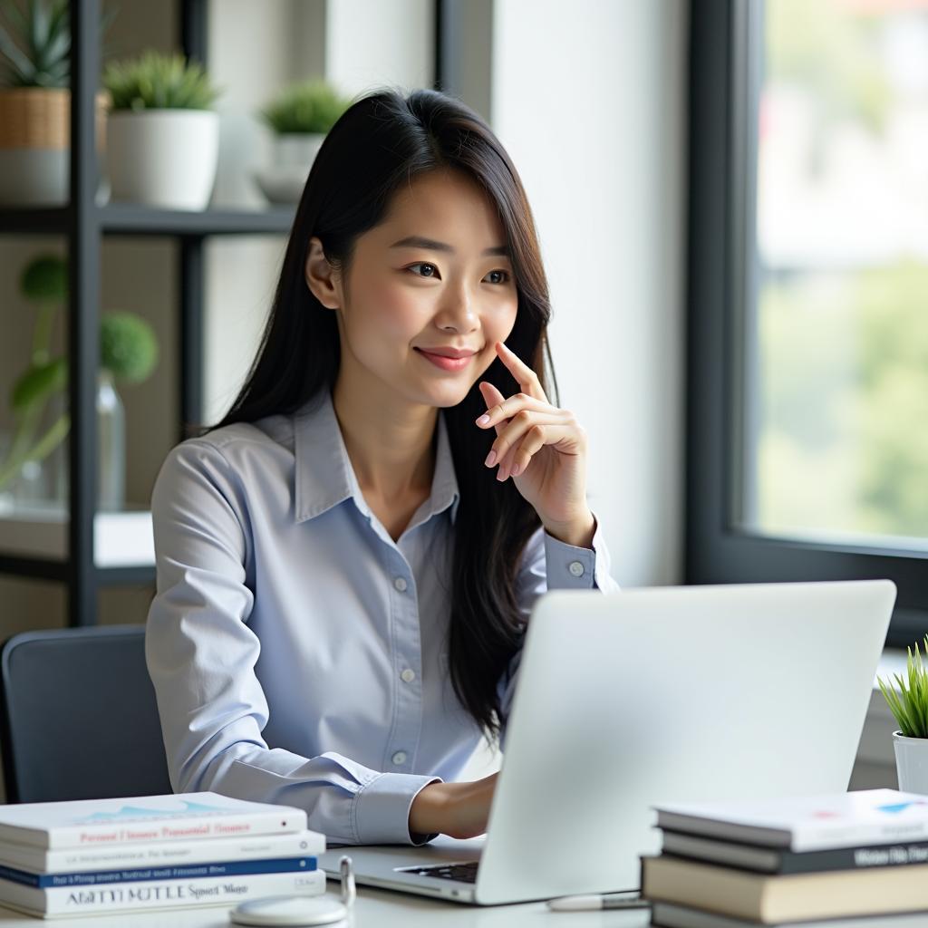 Người phụ nữ tự tin quản lý tài chính cá nhân với sự hỗ trợ từ những cuốn sách trong tủ sách quý cô Tiki