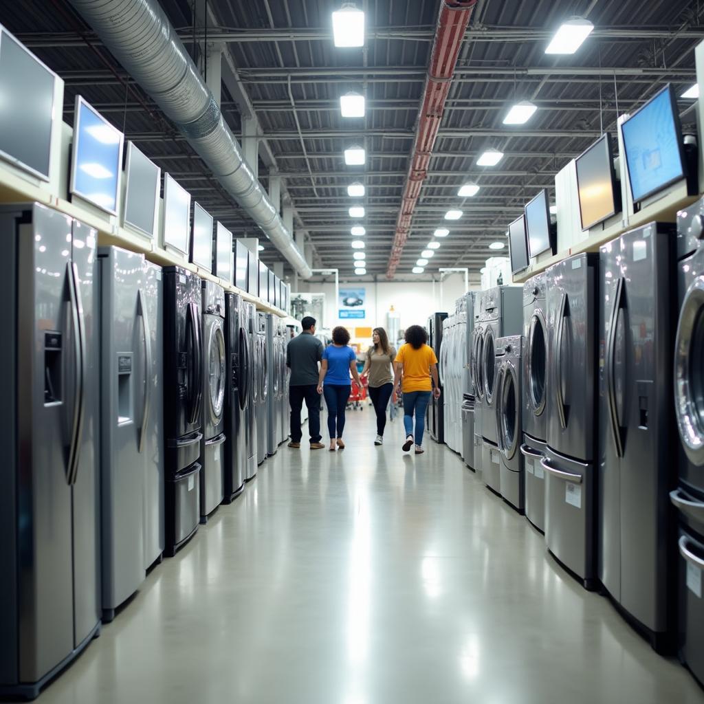 Khách hàng xem xét các sản phẩm điện máy và đồ gia dụng đa dạng bên trong siêu thị.