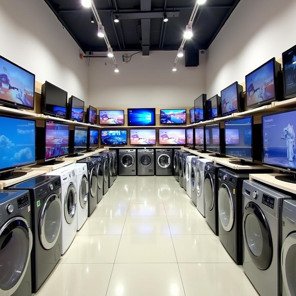 Bên trong cửa hàng Điện Máy Hằng Thu Thái Bình, trưng bày các dòng sản phẩm như tivi, tủ lạnh, máy giặt một cách gọn gàng, dễ quan sát.