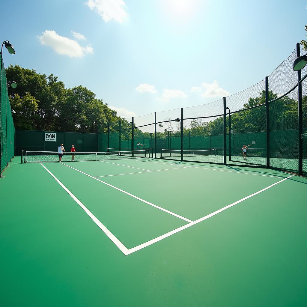 Toàn cảnh sân tennis Viện Dầu Khí tại 167 Trung Kính, quận Cầu Giấy với mặt sân xanh tiêu chuẩn và không gian thoáng đãng.