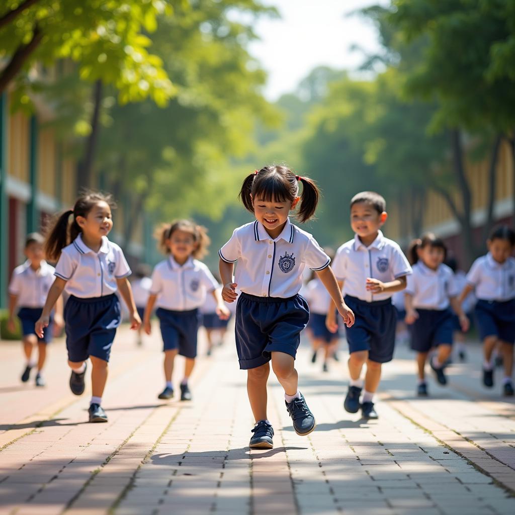 Khung cảnh sân trường Tiểu học Phan Đình Giót, Ngụy Như Kon Tum rộn ràng trong giờ ra chơi của các em học sinh.