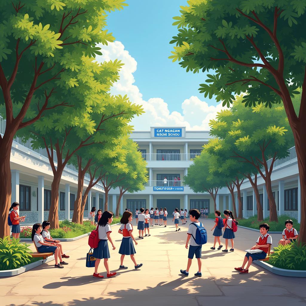 Sân trường THPT Cát Ngạn rợp bóng cây xanh với các em học sinh đang vui chơi trong giờ giải lao