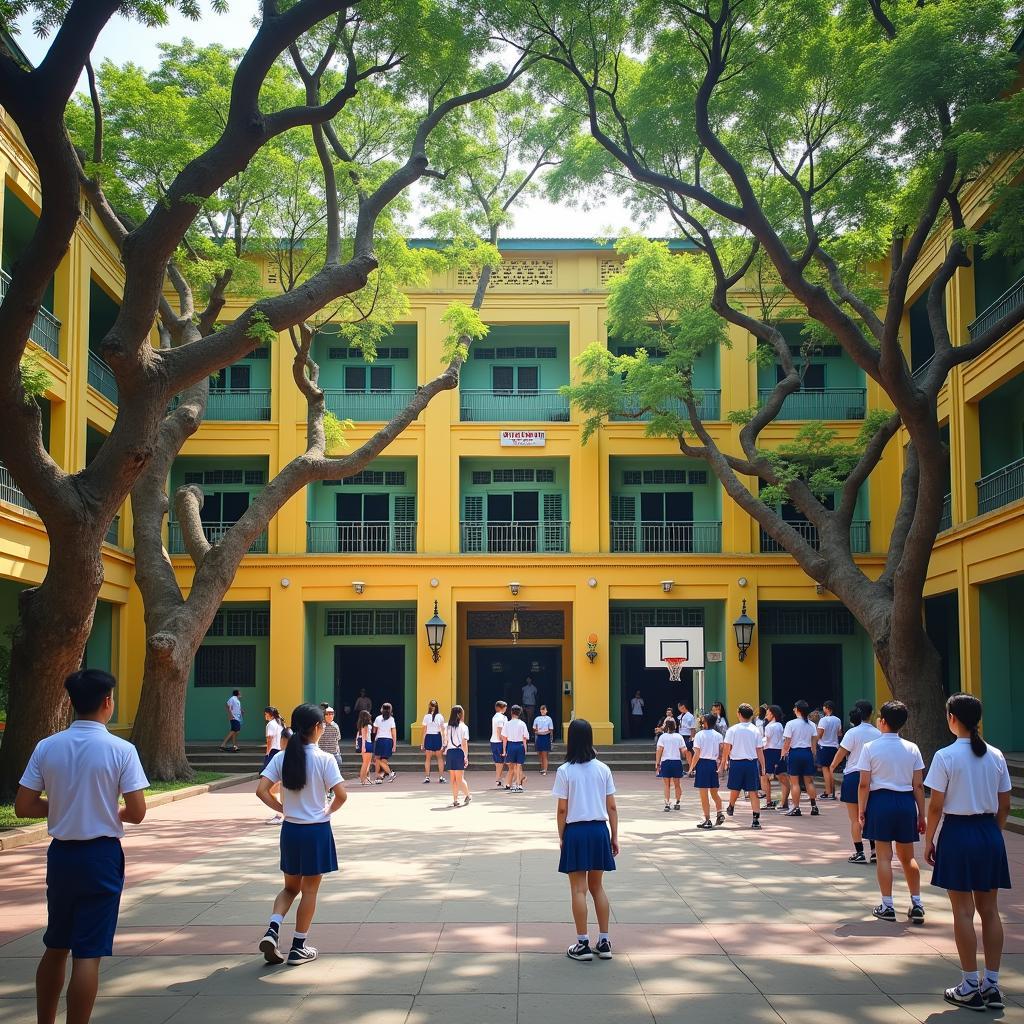 Sân trường THPT Hùng Vương Quận 5 rợp bóng cây xanh với các em học sinh đang vui đùa trong giờ ra chơi