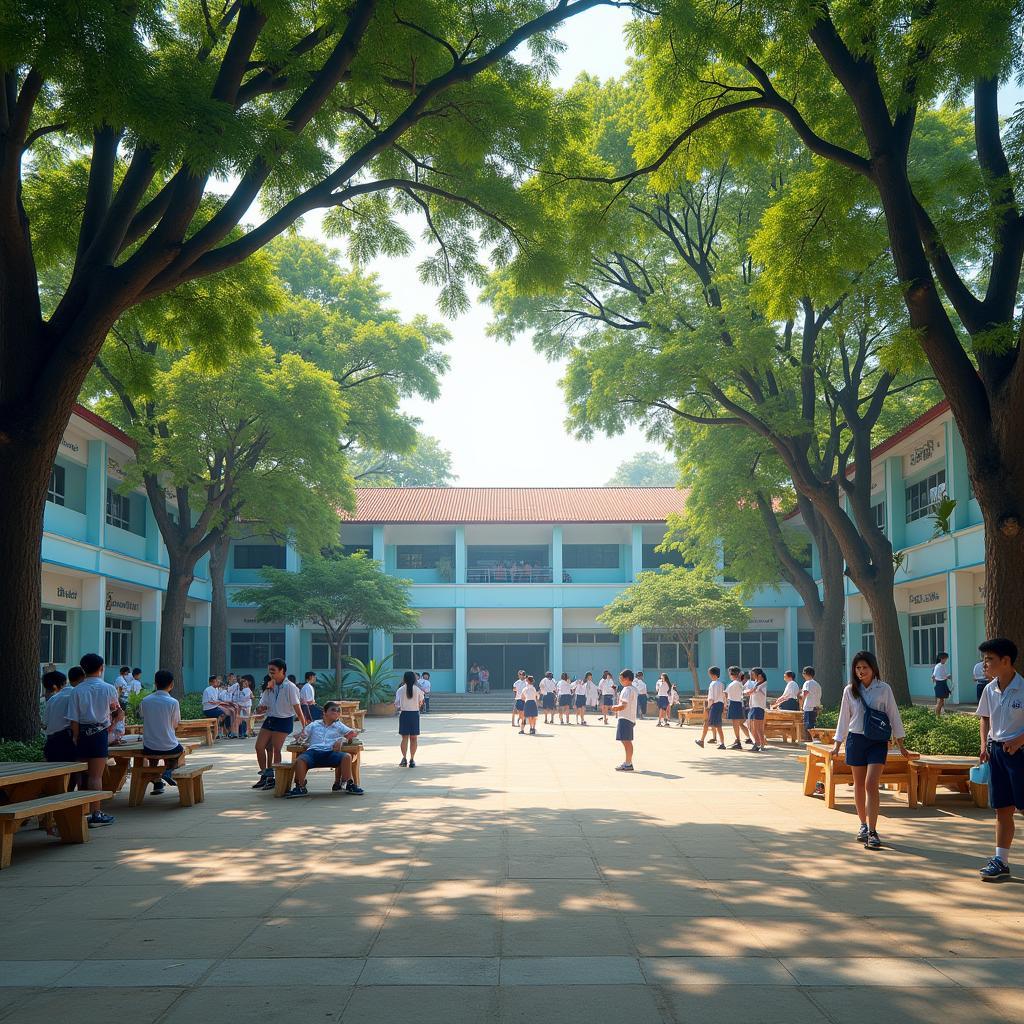 Sân trường THPT Phan Việt Thống, Cái Bè, Tiền Giang rộn ràng trong giờ ra chơi với các em học sinh mặc đồng phục đang vui đùa