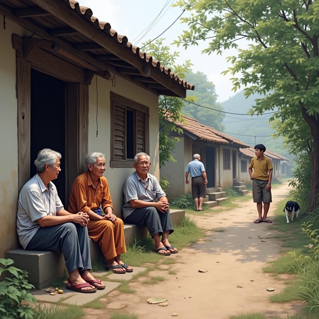 Cảnh người dân Thượng Giáp đang trò chuyện, sinh hoạt bình dị trong không gian làng quê yên tĩnh.