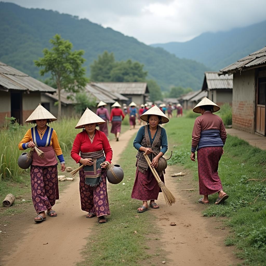 Người dân tộc Dao trong trang phục truyền thống tại Xã Minh Ngọc, Tỉnh Tuyên Quang, đang sinh hoạt thường ngày