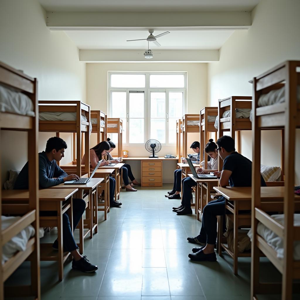 Sinh viên KTX UEL học tập trong phòng ở, thể hiện đời sống tiện nghi