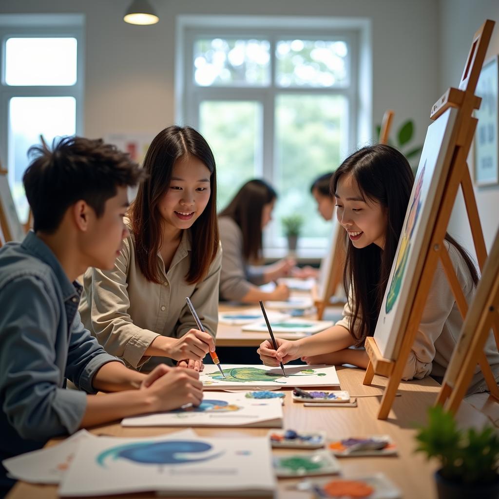 Các bạn sinh viên quốc tế và Việt Nam cùng nhau tham gia hoạt động trong câu lạc bộ nghệ thuật tại trường.