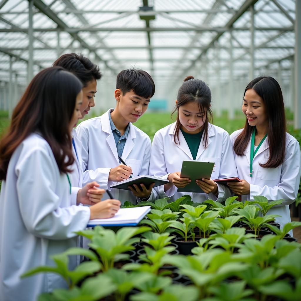 Nhóm sinh viên Trường TC Kỹ thuật Nông nghiệp TP. HCM đang chăm chú thực hành trong một nhà kính hiện đại, kiểm tra cây trồng và ghi chép số liệu