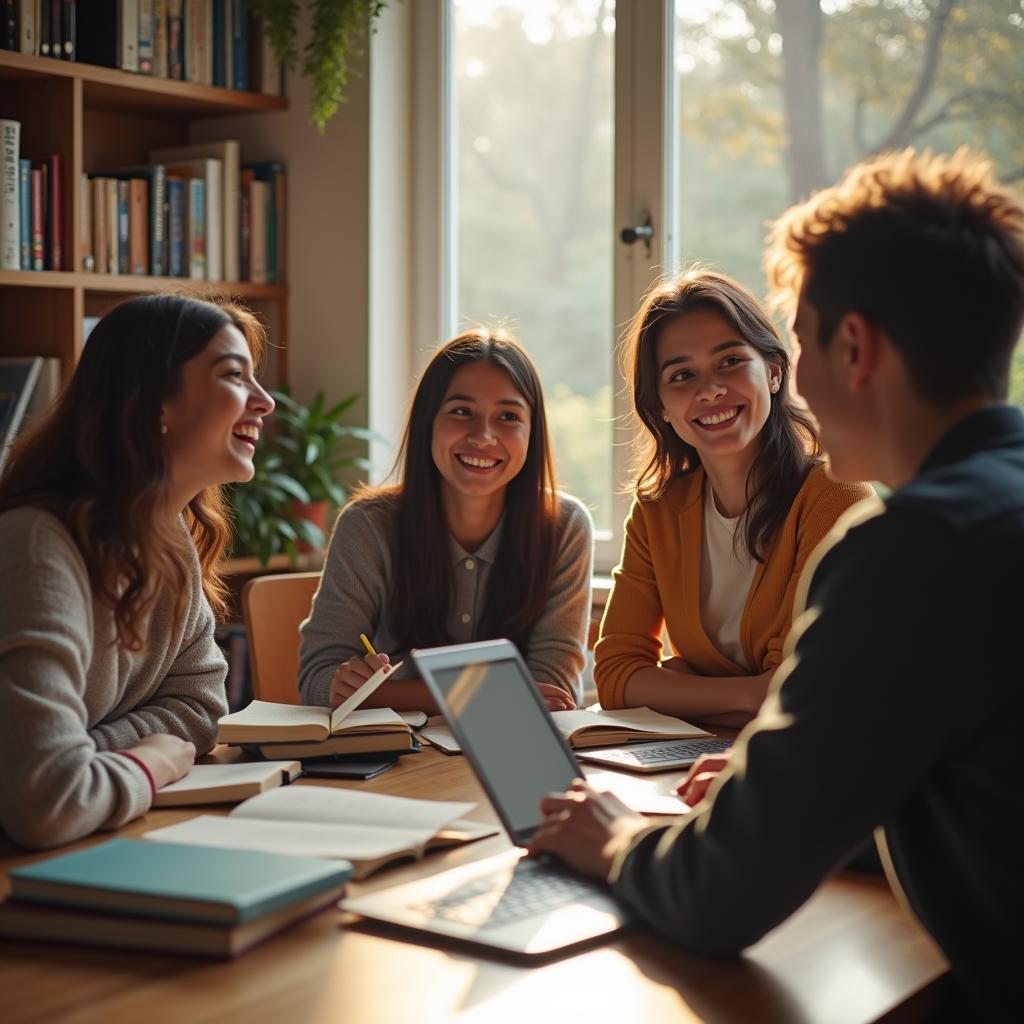 Tình bạn giữa sinh viên Việt – Anh được vun đắp qua những buổi học nhóm và trao đổi kiến thức văn hóa tại thư viện trường