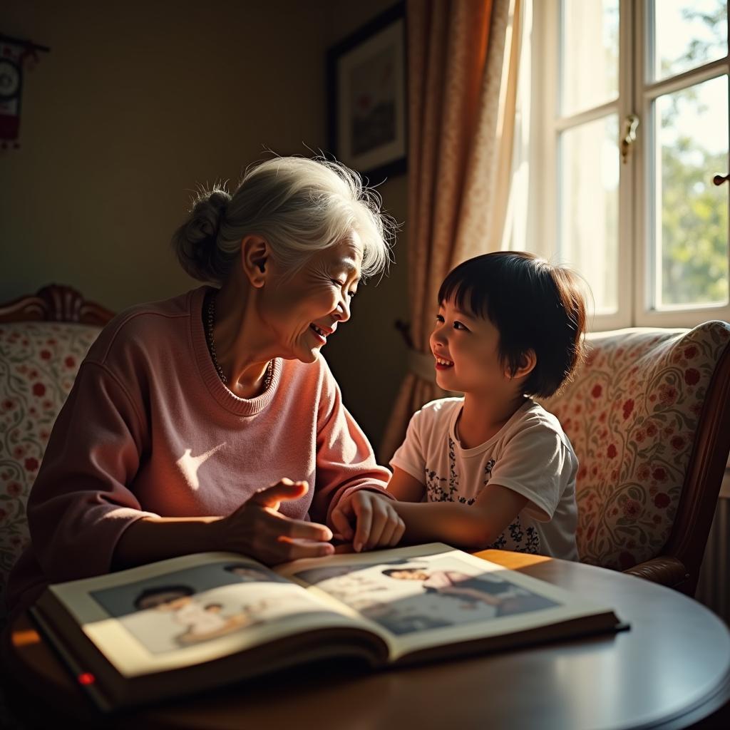 Một bạn trẻ đang chăm chú lắng nghe câu chuyện kinh nghiệm sống từ người bà của mình trong không gian ấm cúng.