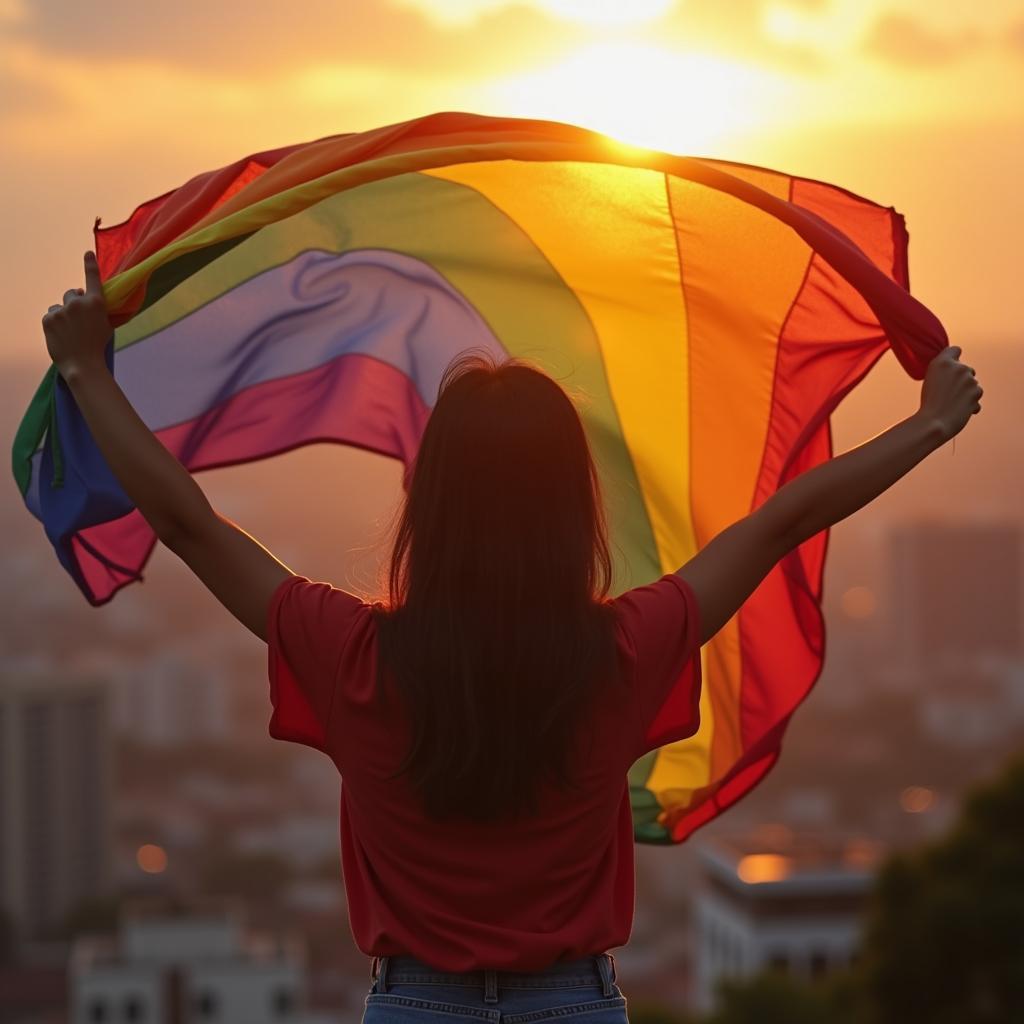 Một người trong cộng đồng LGBTQ+ tự hào thể hiện bản sắc cá nhân với lá cờ cầu vồng