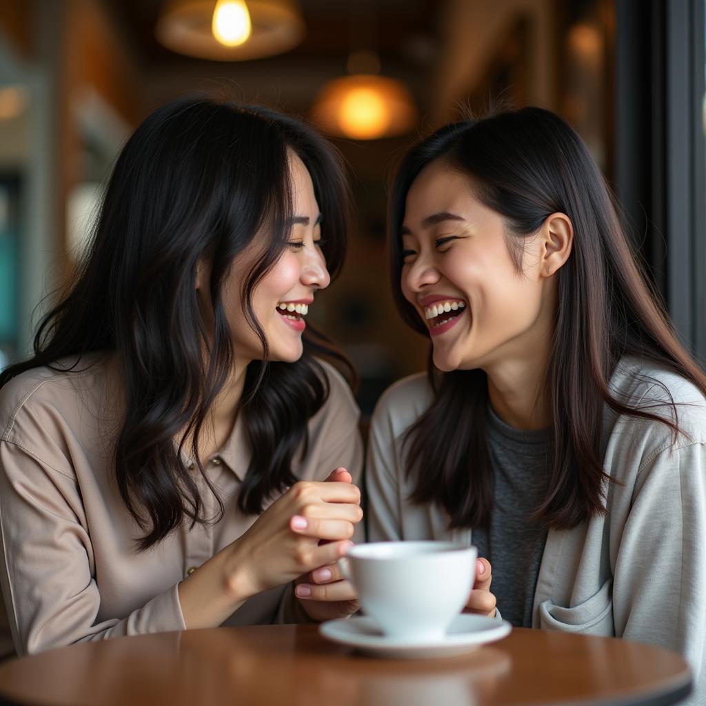 Đôi bạn thân đang cười sảng khoái bên ly cà phê, thể hiện tình bạn chân thành và những hoạt động giản dị