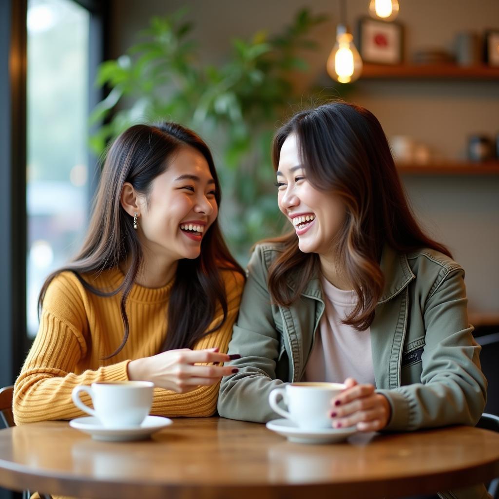 Hai người bạn thân cùng nhau cười đùa vui vẻ trong một quán cà phê, thể hiện sức mạnh của tình bạn trong việc nâng cao tinh thần và giảm bớt căng thẳng