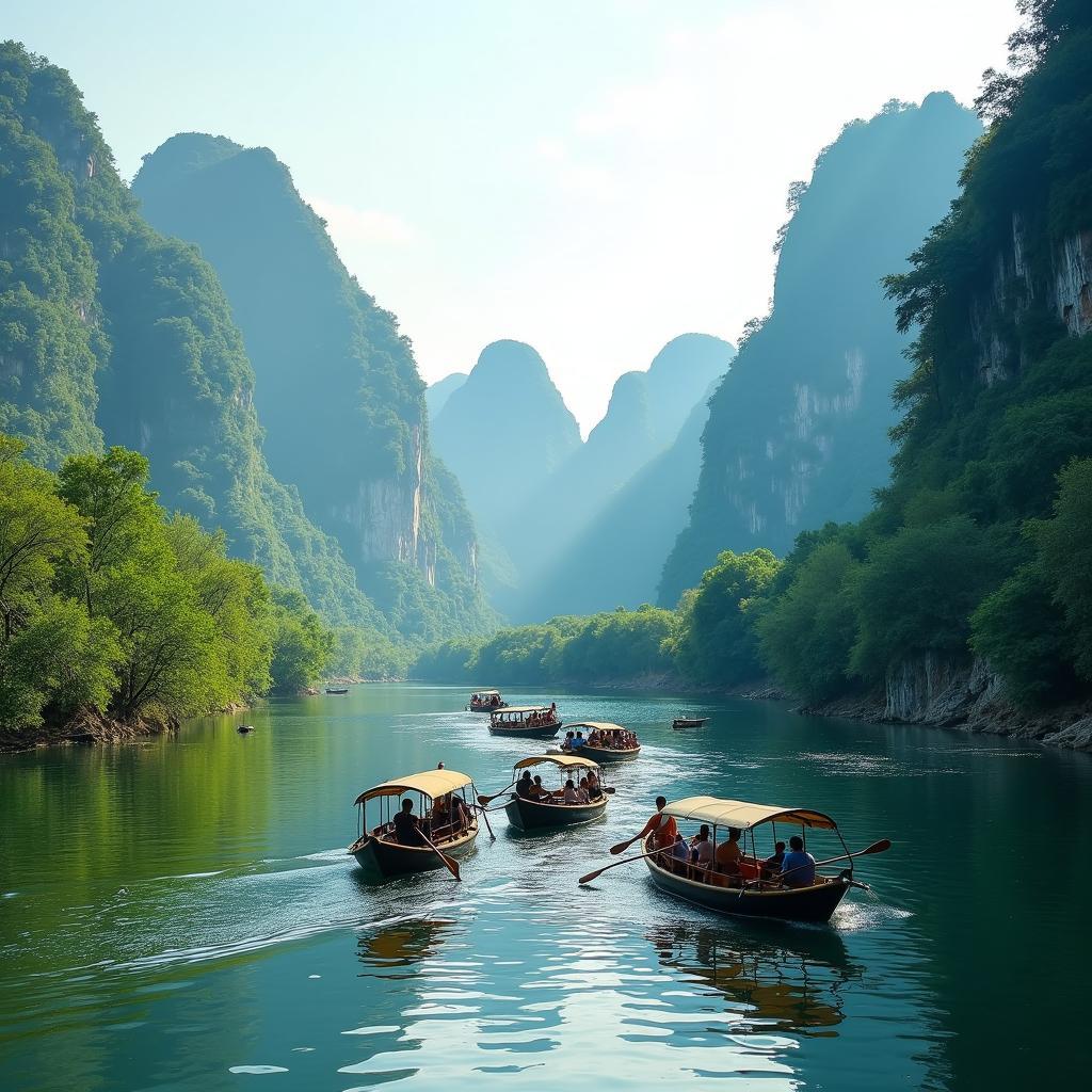 Du khách đi thuyền trên Suối Yến ngắm cảnh non nước chùa Hương thanh bình, thơ mộng
