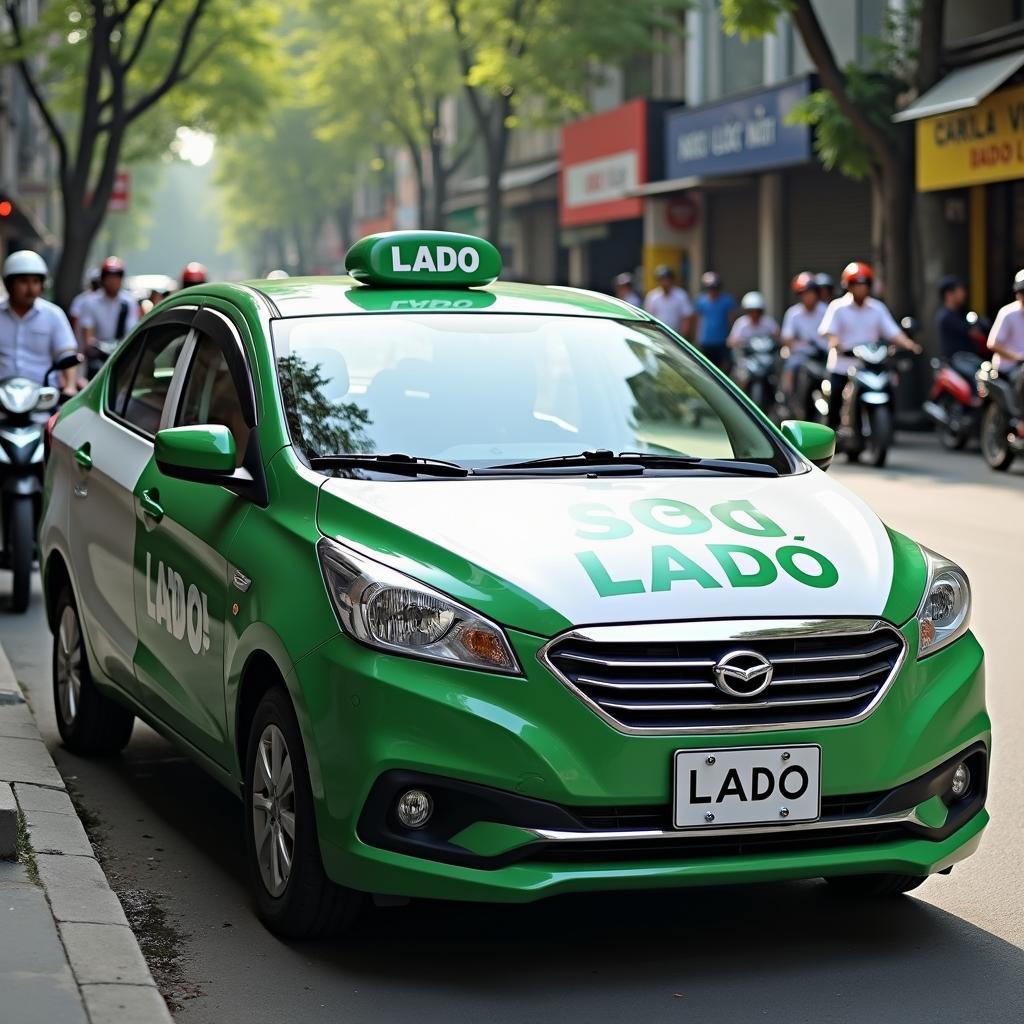 Hình ảnh một chiếc Taxi LADO Bảo Lộc màu xanh đặc trưng đang đậu trên đường phố, thể hiện sự chuyên nghiệp và đáng tin cậy.