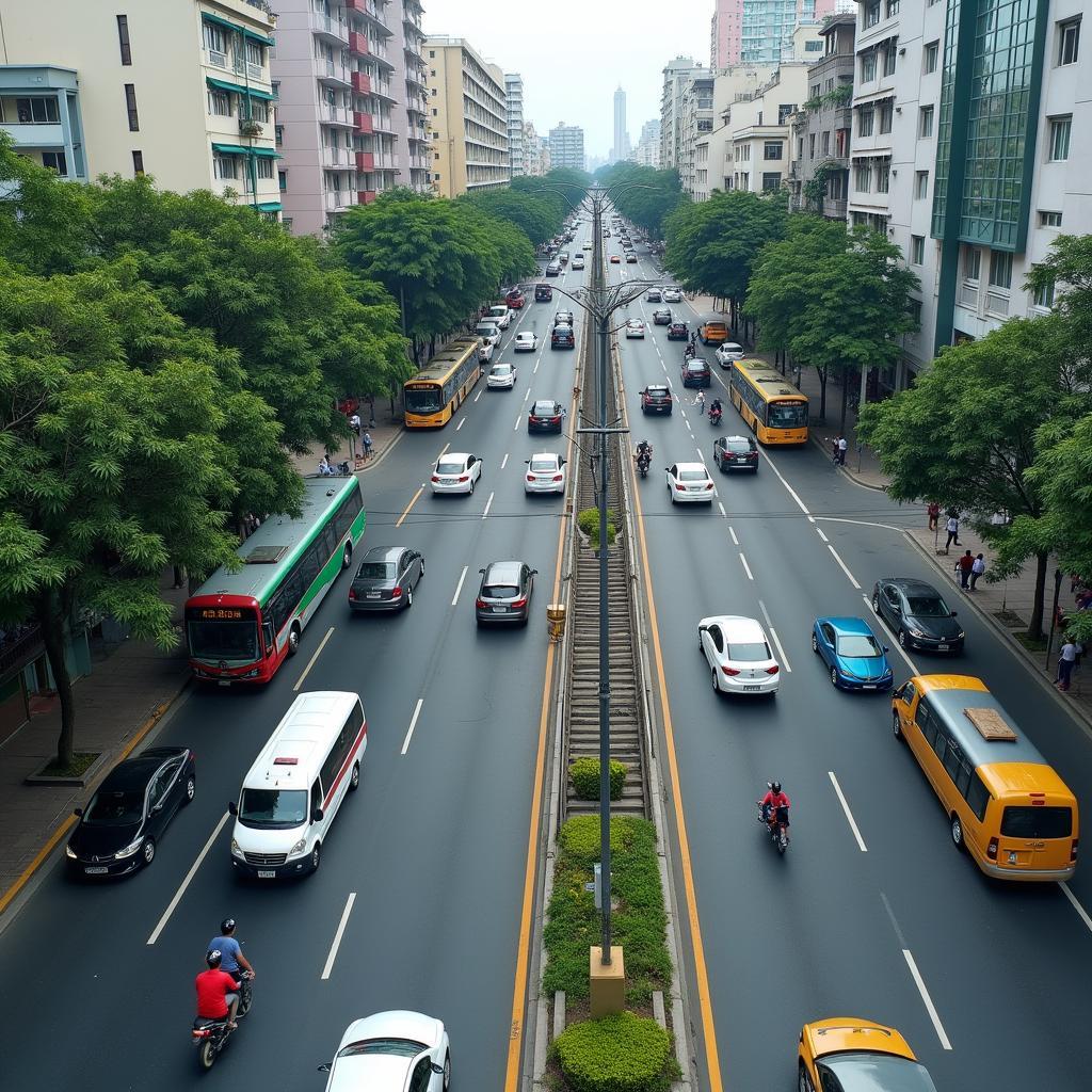 Cảnh giao thông sầm uất trên tuyến đường chính tại Phường Thanh Xuân, Hà Nội.