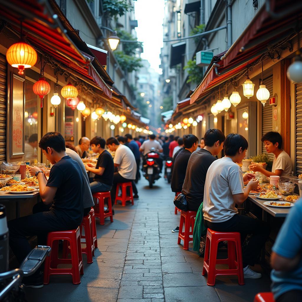 Khung cảnh các quán ăn đường phố tấp nập người qua lại tại Ngõ 1A Tôn Thất Tùng, Hà Nội.