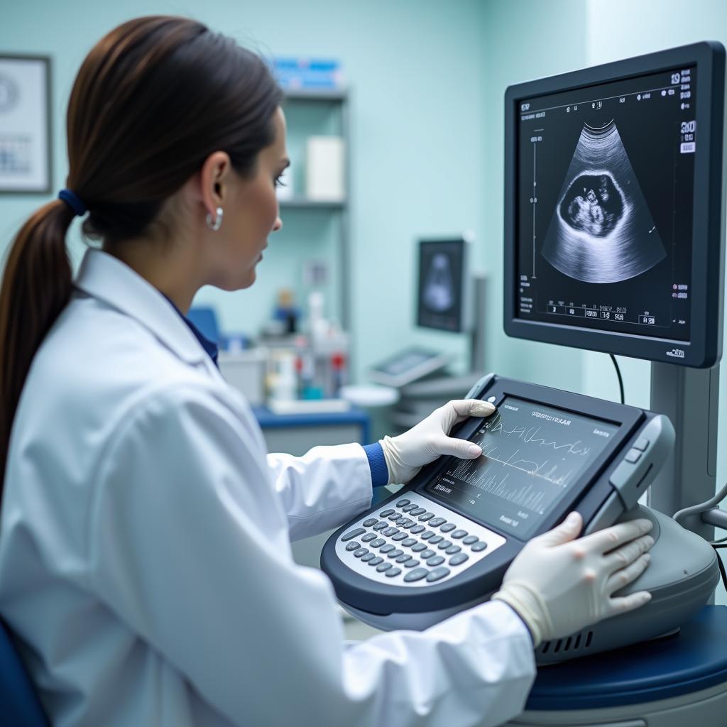 Bác sĩ đang sử dụng máy siêu âm 4D hiện đại để chẩn đoán hình ảnh cho bệnh nhân tại Medical Diag Center.