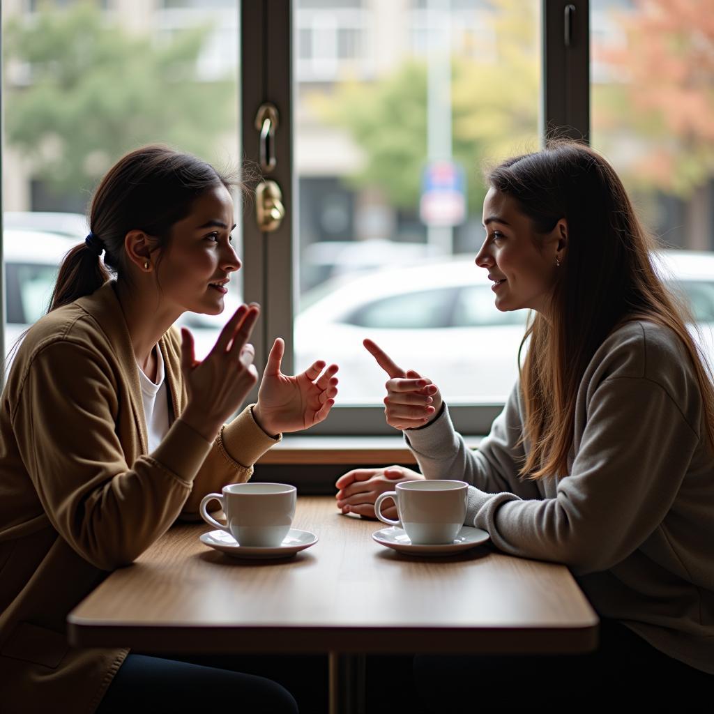 Hai người bạn đang giao tiếp cởi mở và thẳng thắn để thiết lập ranh giới lành mạnh trong tình bạn