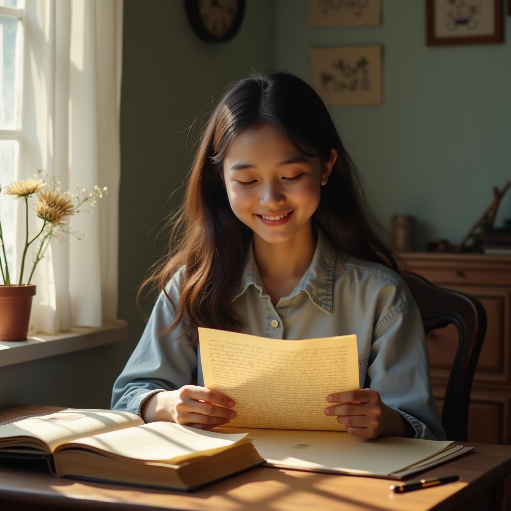 Cô gái mỉm cười đọc lại lá thư tay của bạn thân, xung quanh là những kỷ vật tuổi học trò đáng nhớ.