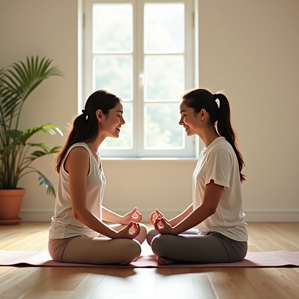 Hình ảnh hai người bạn thân cùng nhau thực hành thử thách chánh niệm, tạo sự kết nối sâu sắc và bình yên.
