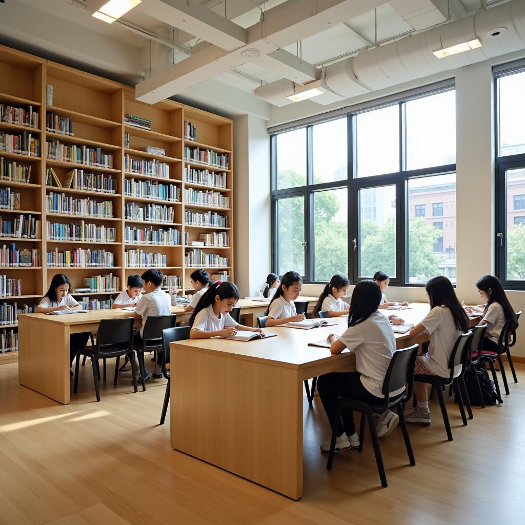 Không gian thư viện hiện đại và yên tĩnh tại Trường Quốc tế Mỹ VN, nơi học sinh tìm kiếm tri thức và cảm hứng học tập