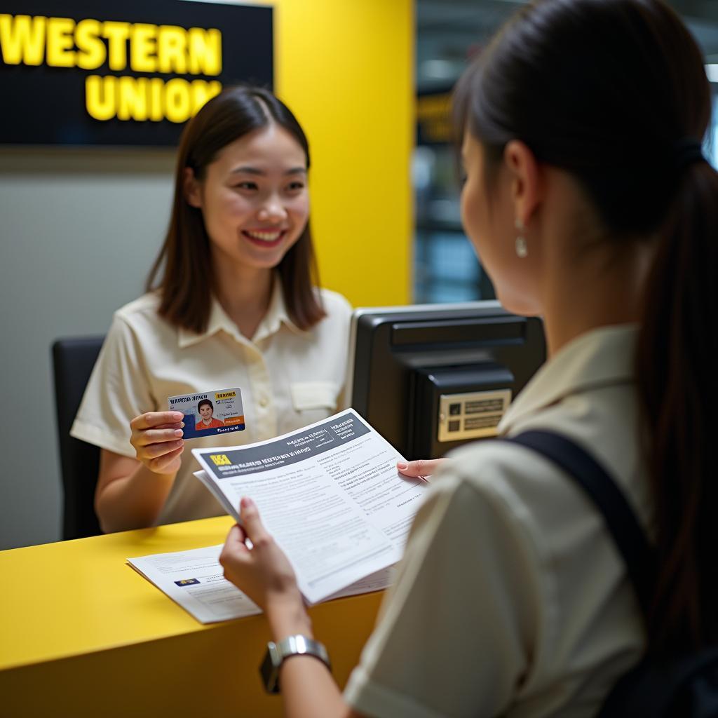 Khách hàng đang thực hiện thủ tục nhận tiền quốc tế tại quầy giao dịch Western Union Đà Nẵng chuyên nghiệp.
