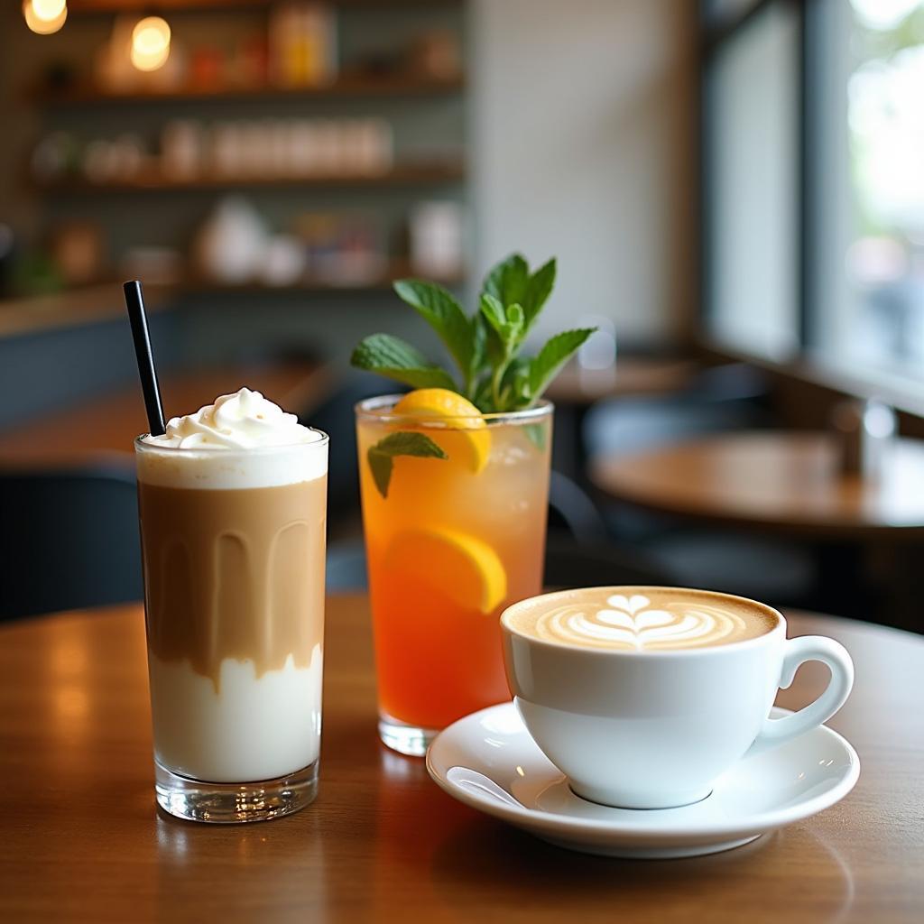 Các món nước đặc sắc tại Media Café Võ Văn Kiệt như cà phê sữa và trà trái cây tươi mát