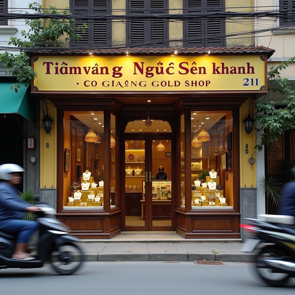 Mặt tiền Tiệm vàng Ngọc Sơn Khánh tại địa chỉ 211 Cô Giang, thành phố Mỹ Tho, Tiền Giang.