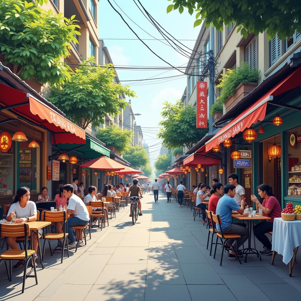 Khu vực quanh 81 Trung Kính sôi động với nhiều quán ăn, cửa hàng và tiện ích đa dạng