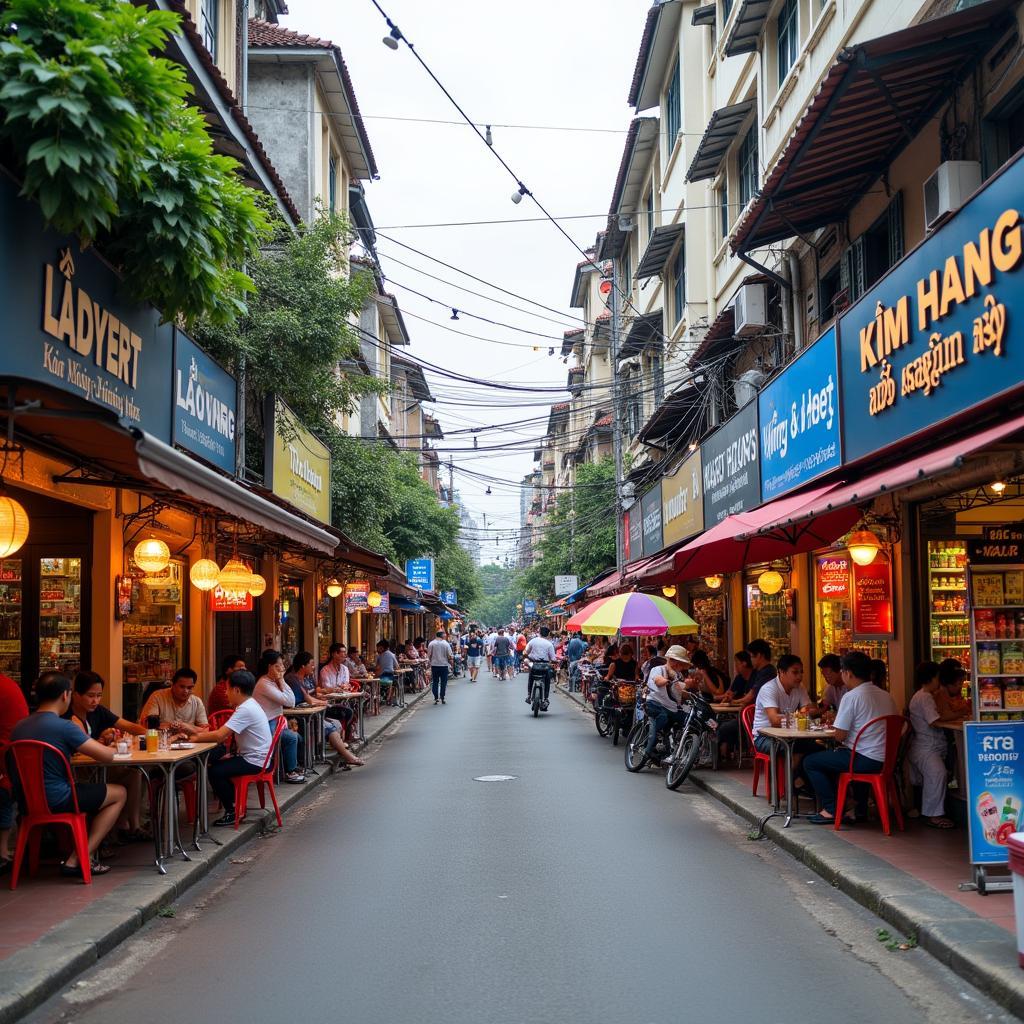 Khu vực sầm uất quanh Vòng xoay Kim Hằng với nhiều cửa hàng, quán ăn và dịch vụ tiện ích