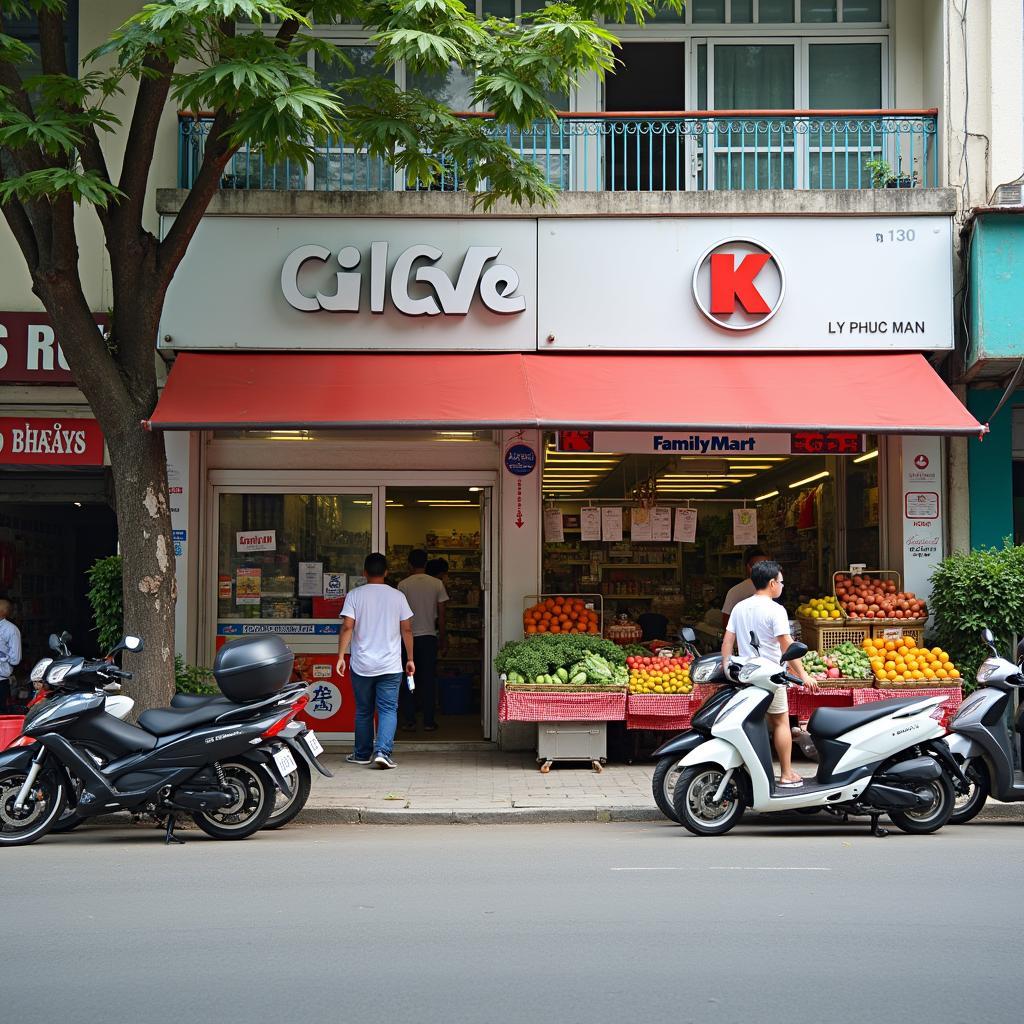 Hình ảnh các cửa hàng tiện lợi và siêu thị mini san sát nhau trên đường Lý Phúc Mãn, phục vụ nhu cầu mua sắm hàng ngày của người dân.