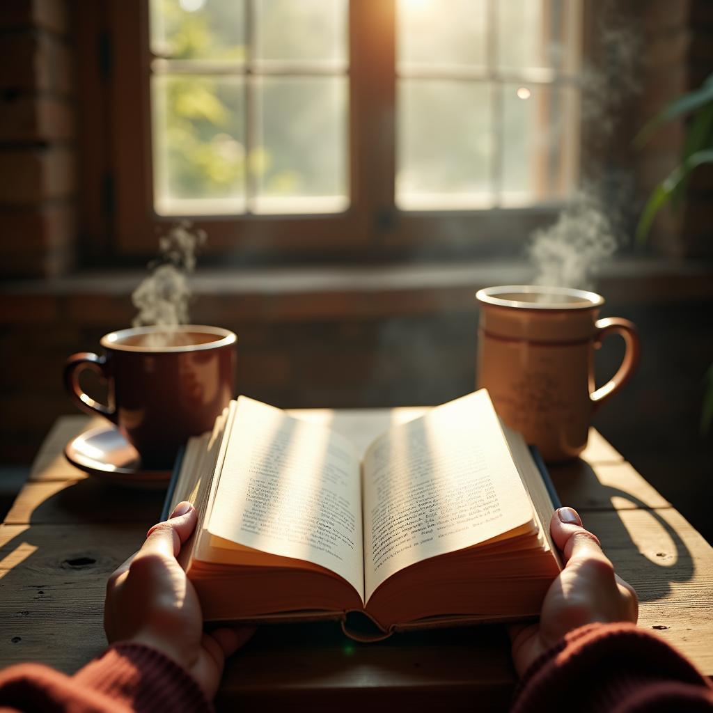 Hình ảnh một người đang tìm lại bình yên nội tâm bằng cách đọc sách và thưởng thức trà nóng trong một không gian yên tĩnh.
