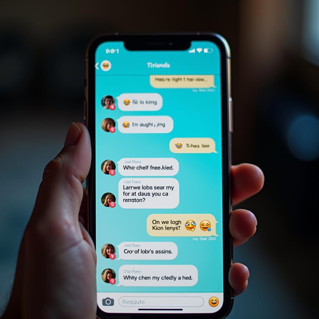 Màn hình điện thoại hiển thị một cuộc trò chuyện nhóm với meme hài hước về tình bạn, thể hiện sự kết nối qua không gian số