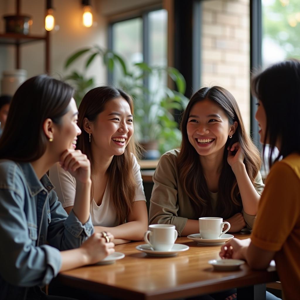 Nhóm bạn LGBTQ+ thân thiết cùng nhau trò chuyện vui vẻ tại quán cà phê ấm cúng