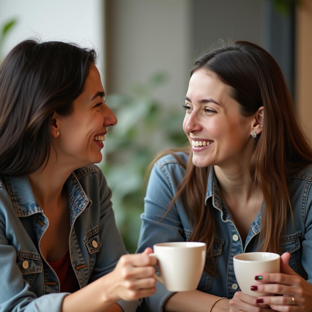 Hai đồng nghiệp, một trong số họ là người LGBTQ+, đang trò chuyện thân mật và mỉm cười bên ly cà phê