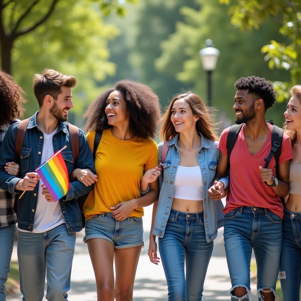 Một nhóm bạn đa dạng, bao gồm cả người LGBTQ+ và đồng minh, cùng nhau đoàn kết, minh họa cho tác động mạnh mẽ của kinh nghiệm LGBTQ+ đến tình bạn.