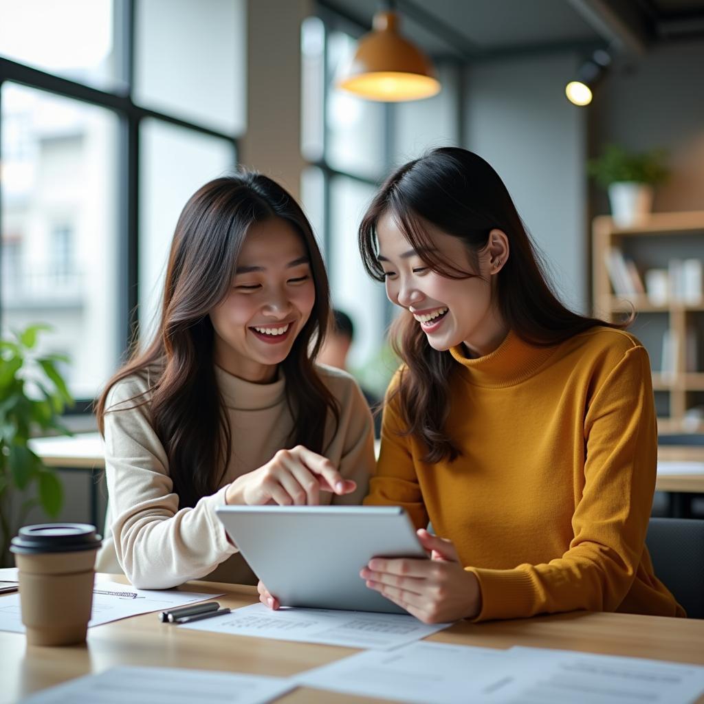 Hai đồng nghiệp vui vẻ trò chuyện, chia sẻ ý tưởng sáng tạo giúp giảm stress trong môi trường làm việc tích cực.