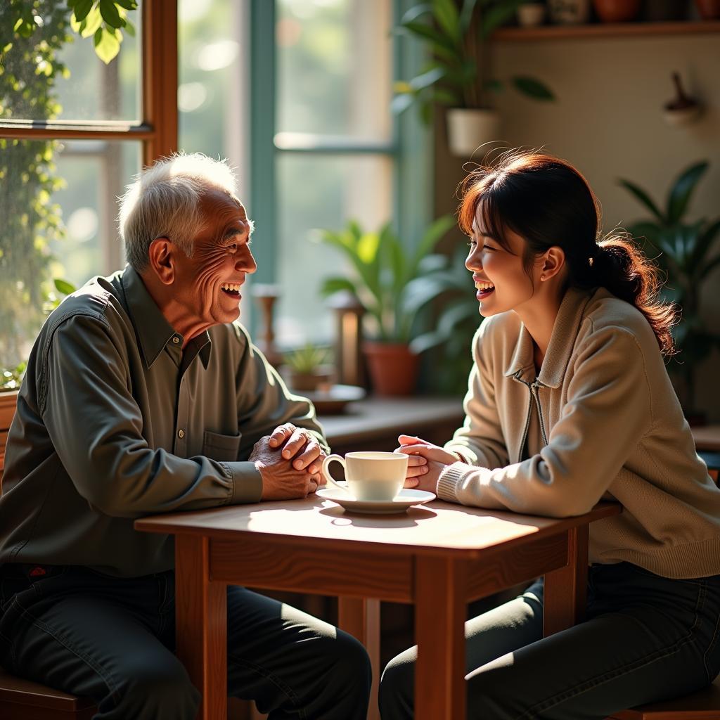 Hình ảnh một người bạn lớn tuổi và một người bạn trẻ tuổi cùng nhau trò chuyện vui vẻ bên tách trà, minh họa cho tình bạn già-trẻ.