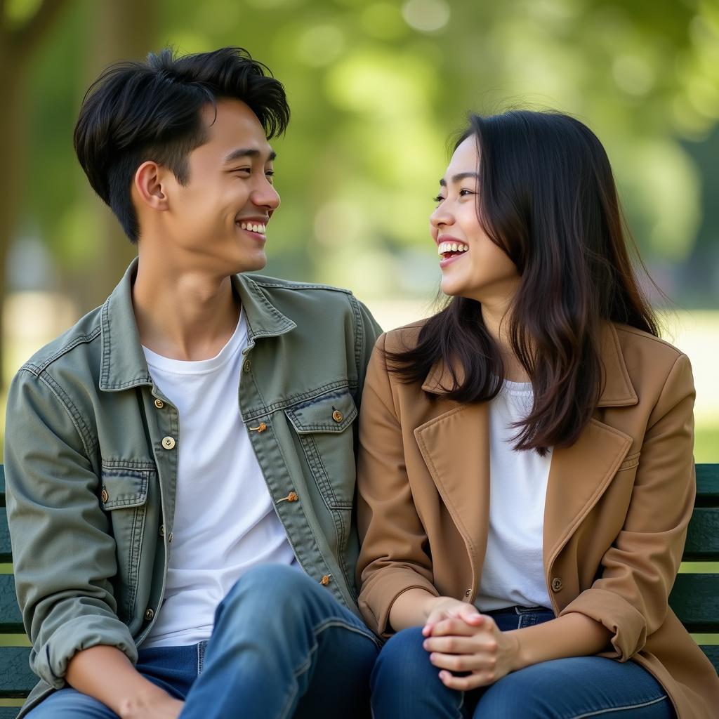 Hình ảnh hai người bạn một nam một nữ cười nói vui vẻ bên nhau, thể hiện tình bạn khác giới trong sáng và không lãng mạn.