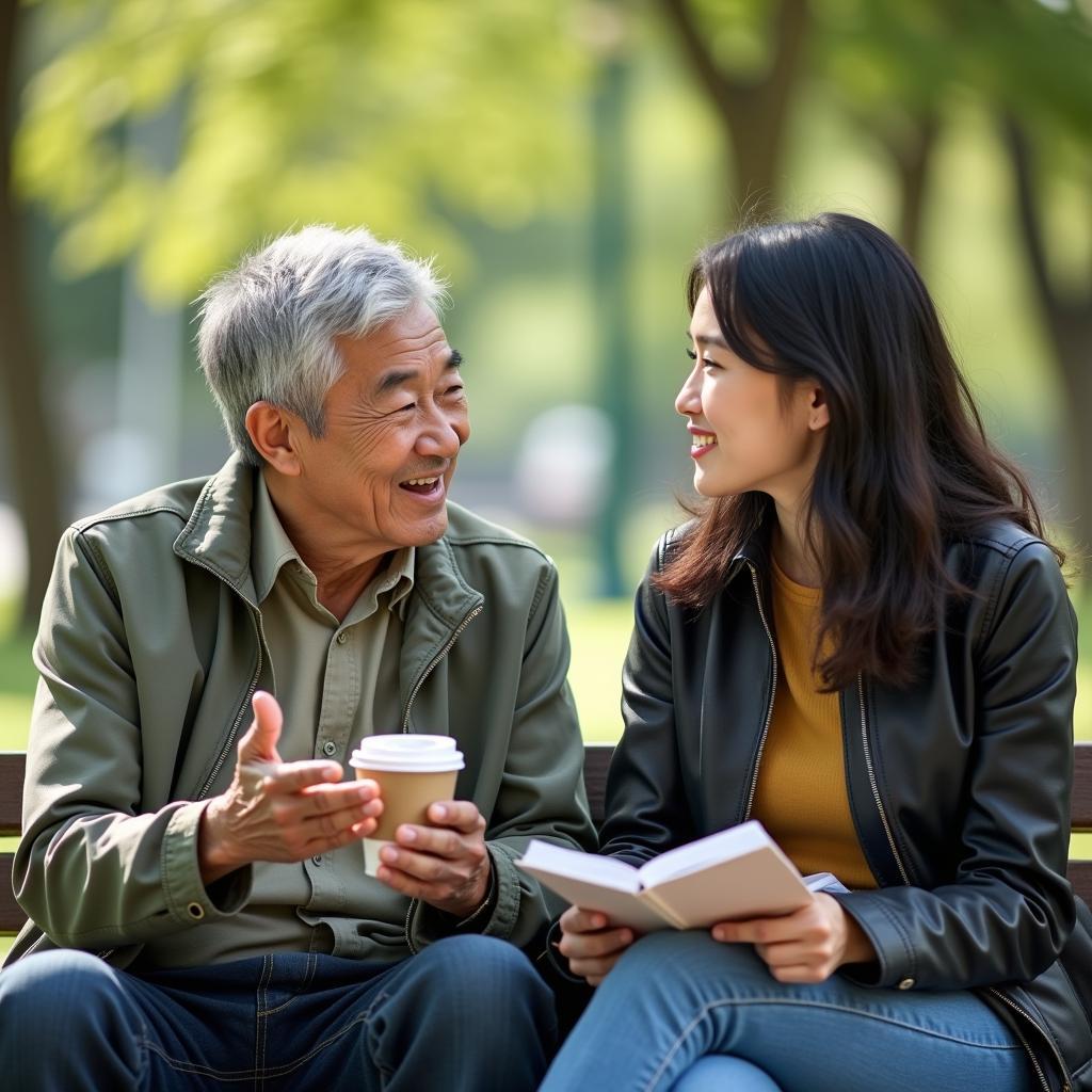 Một người bạn lớn tuổi đang chia sẻ kinh nghiệm cho một người trẻ hơn, minh họa cho góc nhìn đa chiều trong tình bạn khác thế hệ.