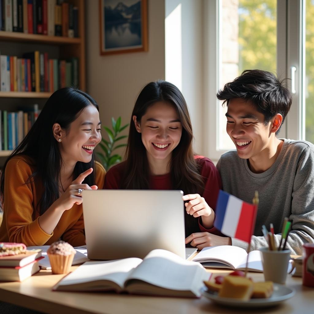 Nhóm bạn sinh viên trao đổi đa văn hóa vui vẻ học tập và chia sẻ kinh nghiệm cùng nhau tại ký túc xá.
