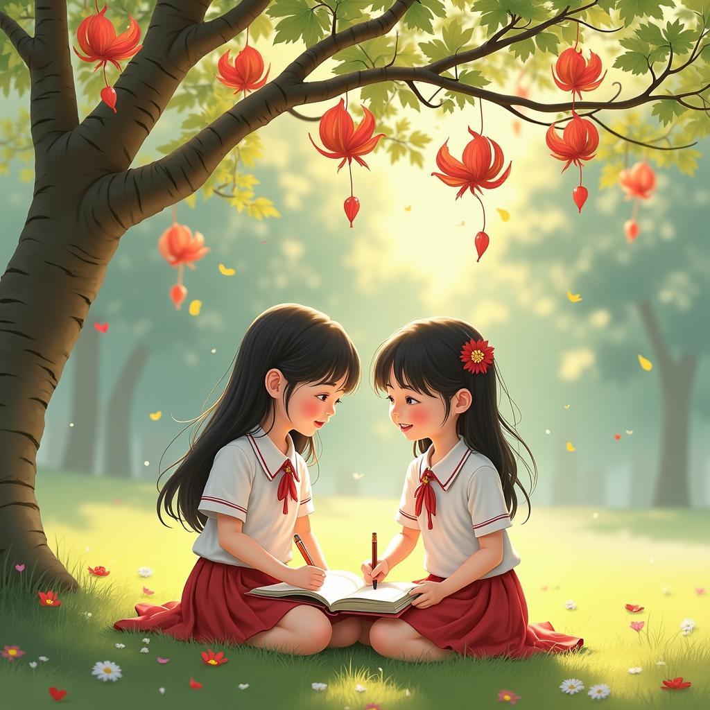 Hai nữ sinh Việt Nam mặc áo dài trắng ngồi dưới gốc phượng vĩ viết lưu bút kỷ niệm tình bạn tuổi học trò.