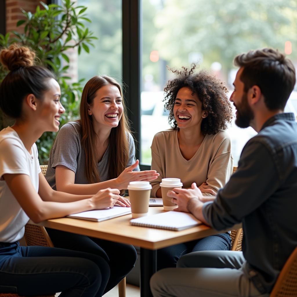 Nhóm bạn bè tổ chức một buổi gặp gỡ thân mật tại quán cà phê để thảo luận về phim tài liệu Friendship Day.
