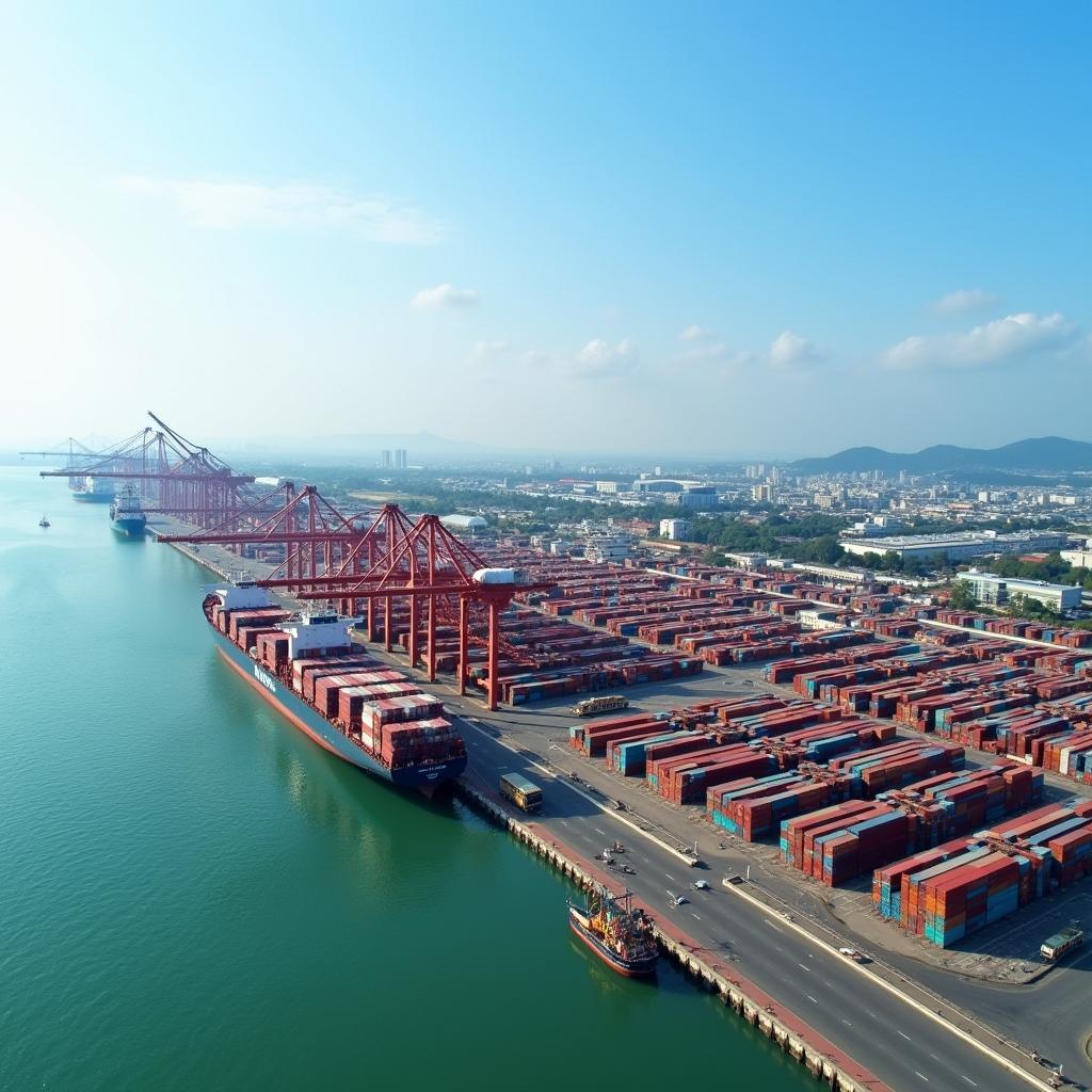 Toàn cảnh khu vực cảng biển và công nghiệp hiện đại tại Phường Tân Thành, thị xã Phú Mỹ, Bà Rịa - Vũng Tàu từ trên cao.
