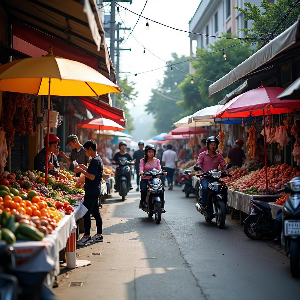Toàn cảnh Chợ Nhổn sầm uất và tấp nập người mua bán trên Quốc lộ 32 Hà Nội.
