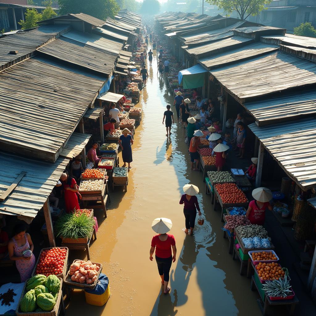 Toàn cảnh Chợ Ninh Phước, X. Ninh Phước, TX. Ninh Hòa, T. Khánh Hòa nhìn từ trên cao với các gian hàng san sát và nhộn nhịp.