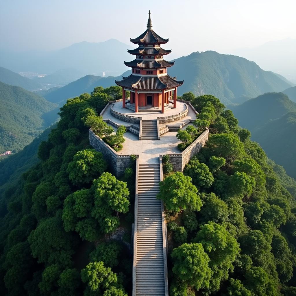 Toàn cảnh chùa Phật Tích Bắc Ninh nhìn từ trên cao với các bậc thang dẫn lên núi và các mái chùa cổ kính
