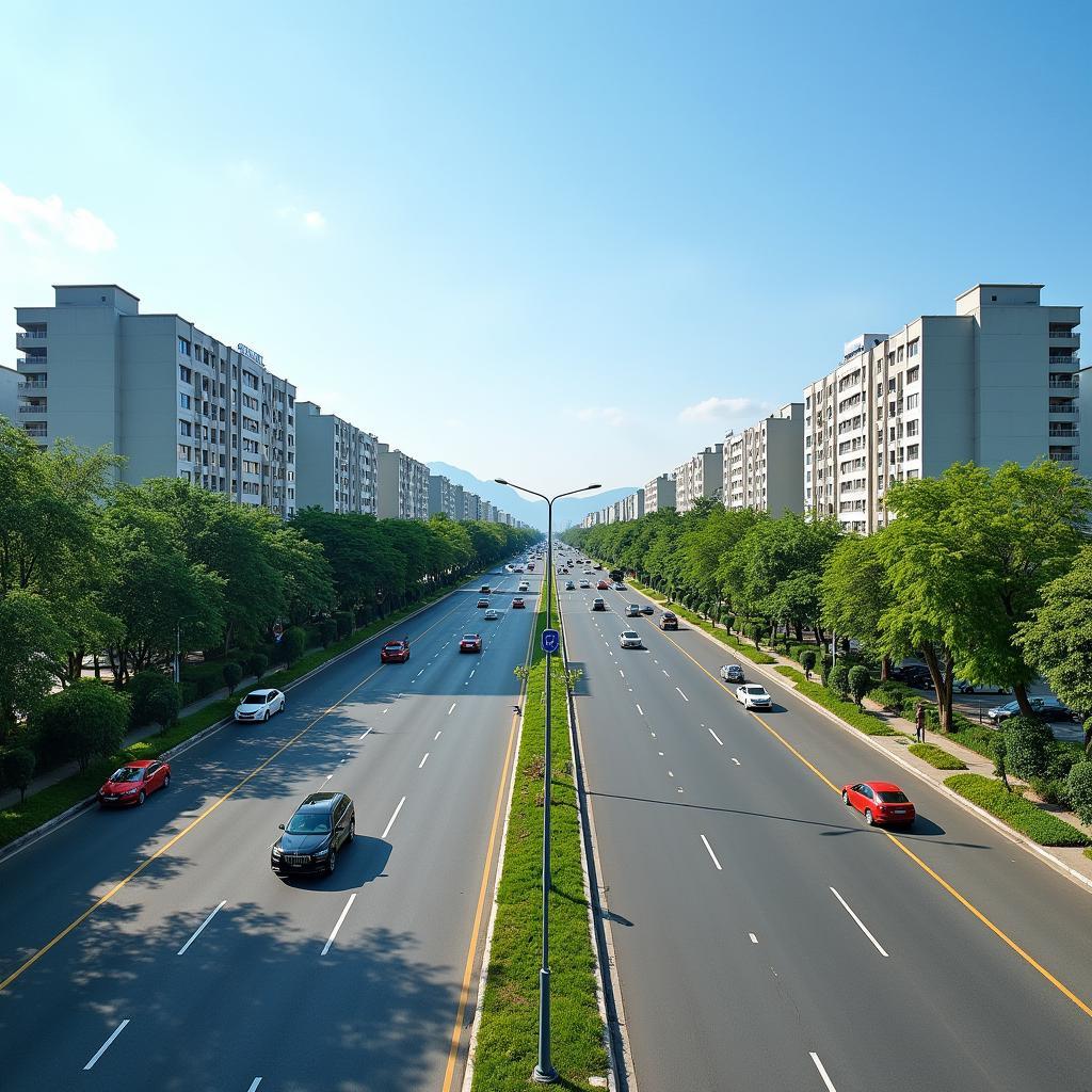 Toàn cảnh đường Nguyễn Văn Linh, tỉnh Hưng Yên, một trục đường hiện đại và sầm uất với nhiều làn xe và cây xanh